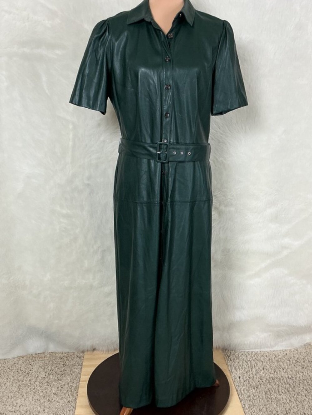 Ann Taylor Dark Green Faux Leather Short Sleeve Belted Midi Dress 14 T Tall